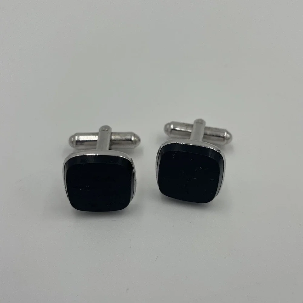 Vintage Black Onyx Men's‎ Cufflinks Silver Tone Square USA Eclectic Grandpa